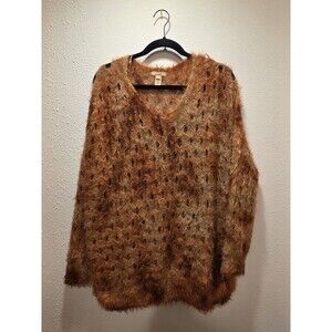 Lani Rust Orange Fluffy Open Knit Pullover Sweater V-Neck Oversized Slouchy L